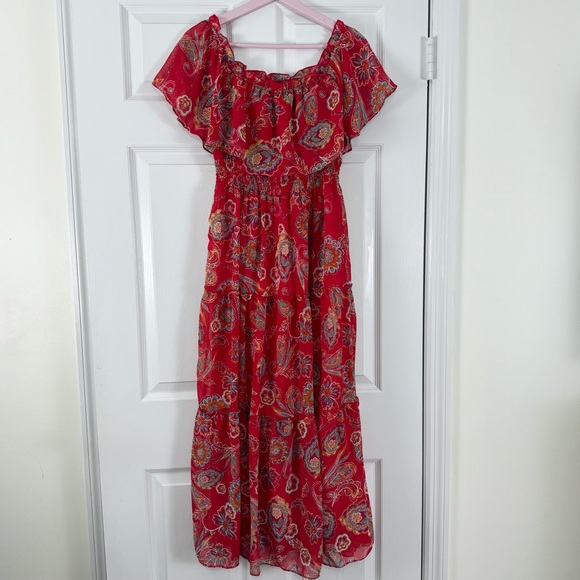 NEW Rabbit Rabbit Rabbit Red Paisley Floral Off-Shoulder Dress 6P - Picture 5 of 8